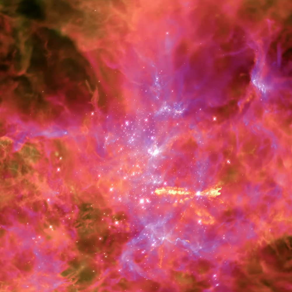Still from a movie following the evolution of a massive (20,000 solar mass) star-forming molecular cloud nicknamed the "Anvil of Creation," showing the stars and gas after millions of years.*