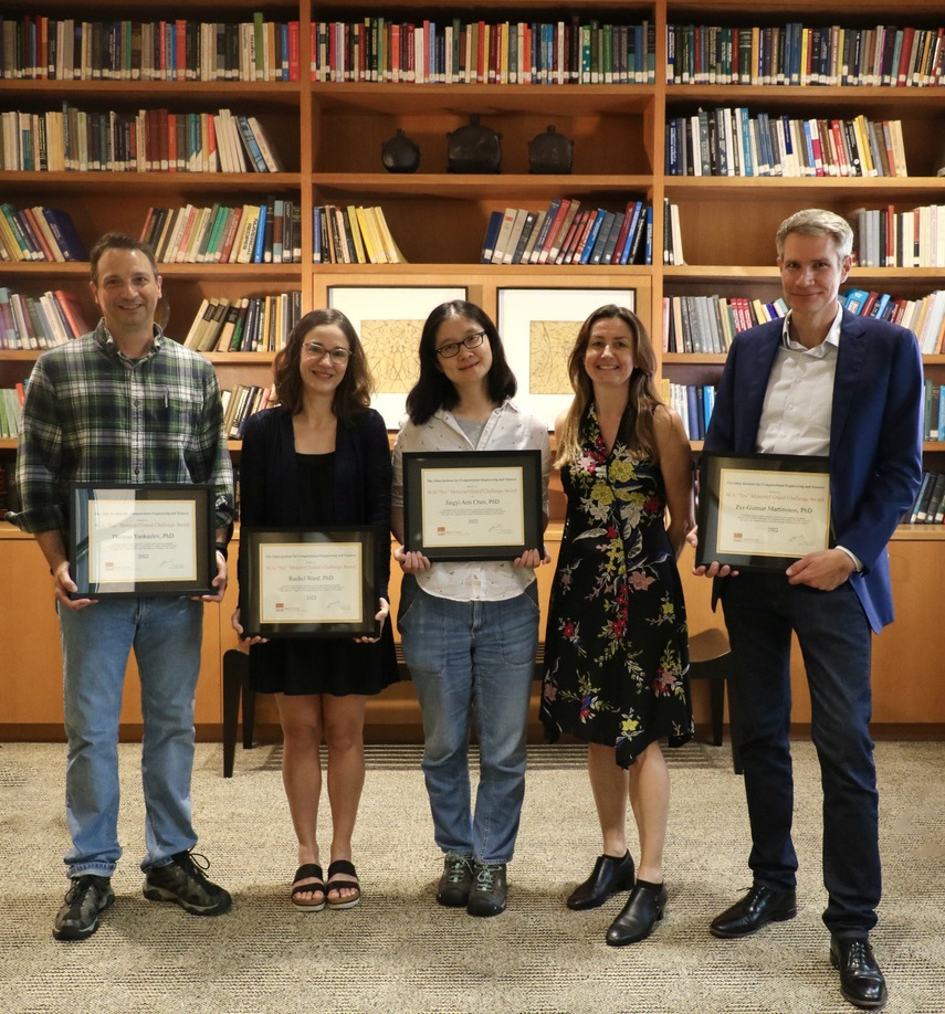 The 2022 Grand Challenge Award Winners (L-R) Tom Yankeelov, Rachel Ward, Jingyi Ann Chen [Institute Director, Karen Willcox] and Per-Gunnar Martinsson. Absent: Graeme Henkelman.