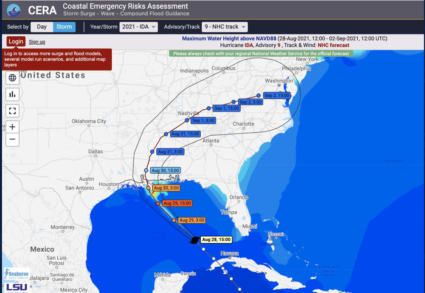 An image from storm surge models of Hurricane Ida developed using the ADCIRC Surge Guidance System (ASGS). Credit: Coastal Emergency Risks Assessment (CERA)