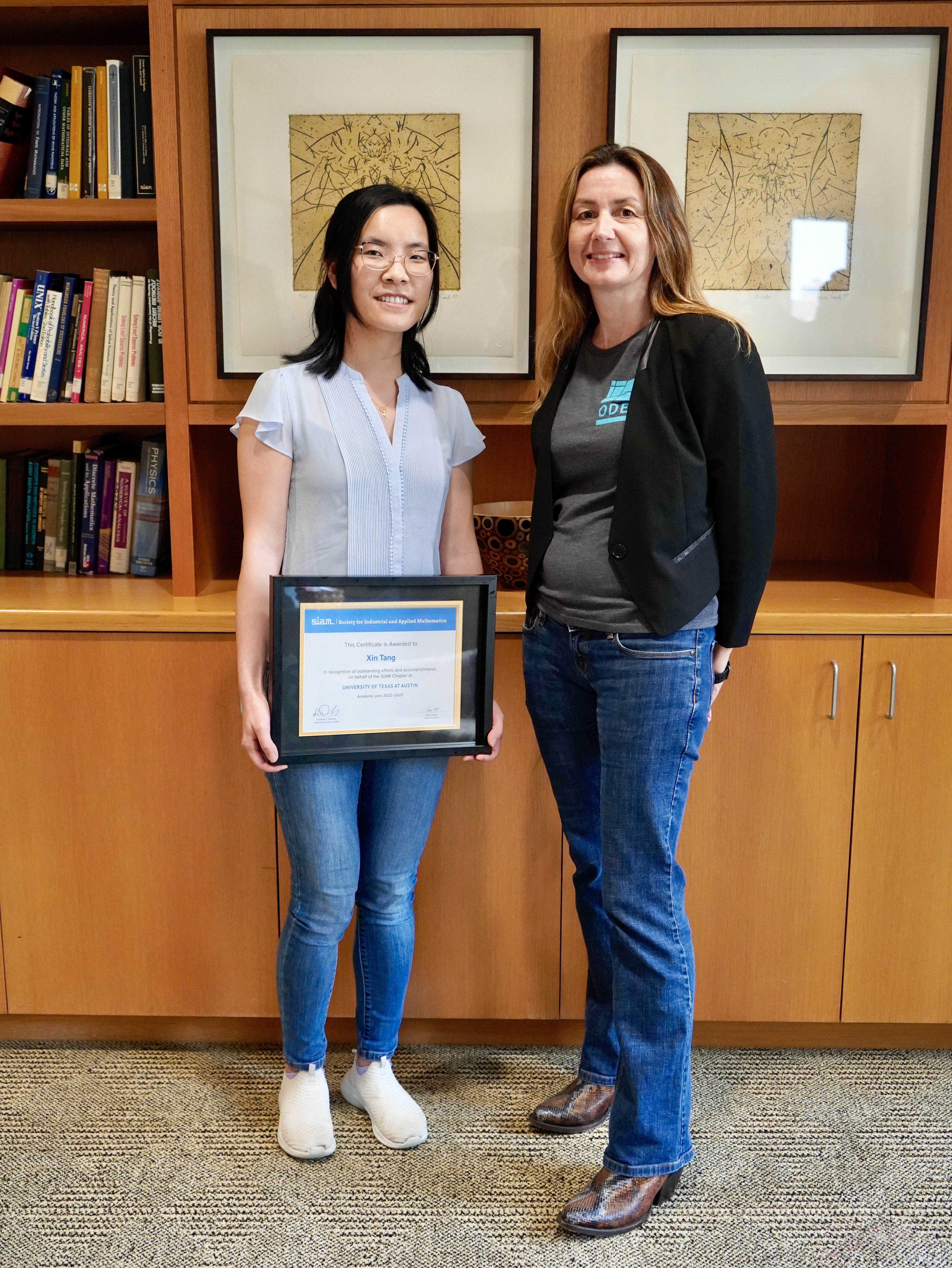 CSEM student Xin Tang with Karen Willcox, Director of the Oden Institute. Credit: Joanne Foote